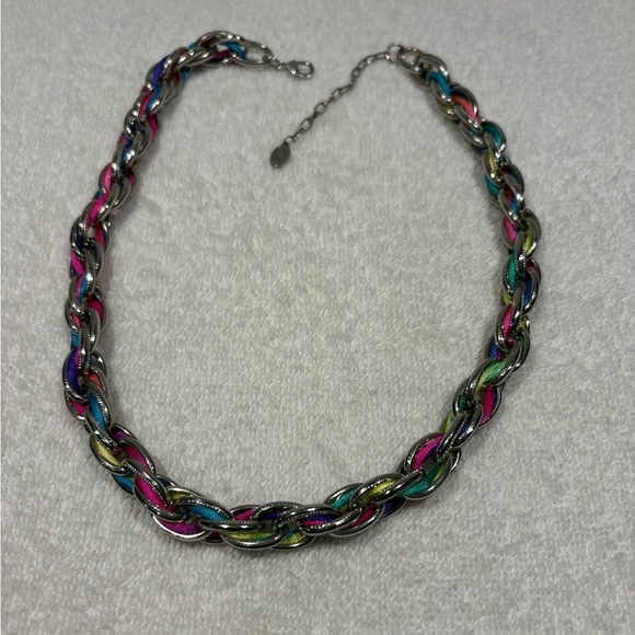 Belle Miss Multi-Color Ribbon Woven Silver Tone Statement Necklace - Picture 6 of 10